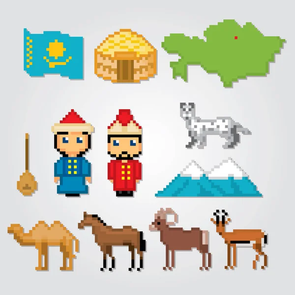 Icônes Kazakhstan ensemble. Pixel art. Style graphique de la vieille école. Éléments de jeux . — Image vectorielle