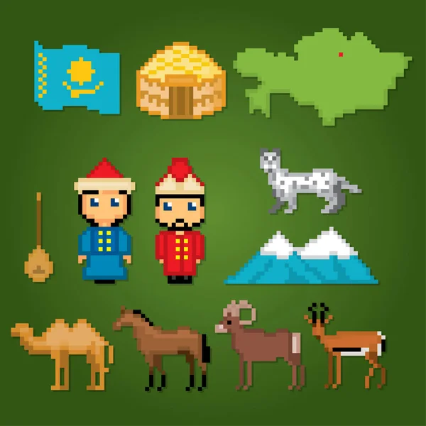 Set di icone del Kazakistan. Pixel art. Stile grafico del computer vecchia scuola. Elementi giochi . — Vettoriale Stock