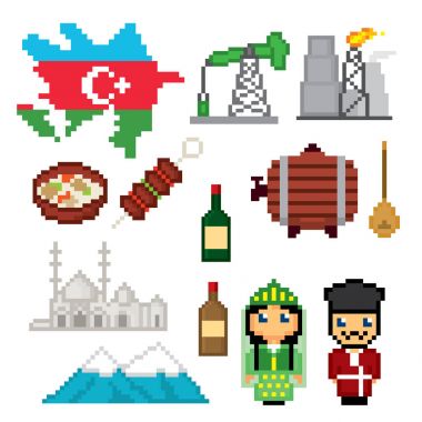 Azerbaycan Icons set. Piksel sanat. Eski okul bilgisayar grafik stili. Oyun elemanları.