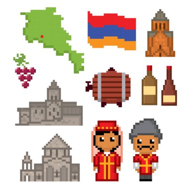 Ermenistan ülke Icons set. Piksel sanat. Eski okul bilgisayar grafik stili. Oyun elemanları.
