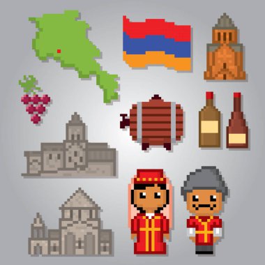 Ermenistan ülke Icons set. Piksel sanat. Eski okul bilgisayar grafik stili. Oyun elemanları.