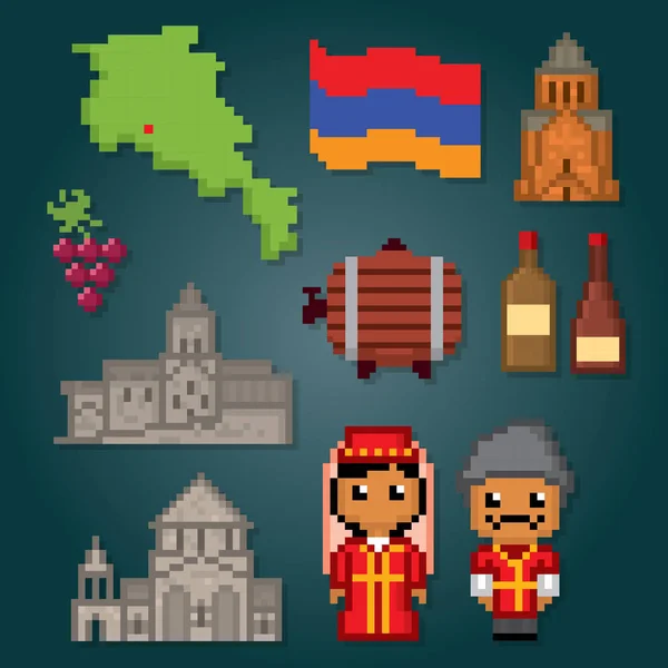 Armenia país iconos conjunto. Pixel art. Estilo gráfico de computadora de la vieja escuela. Juegos de elementos . — Archivo Imágenes Vectoriales