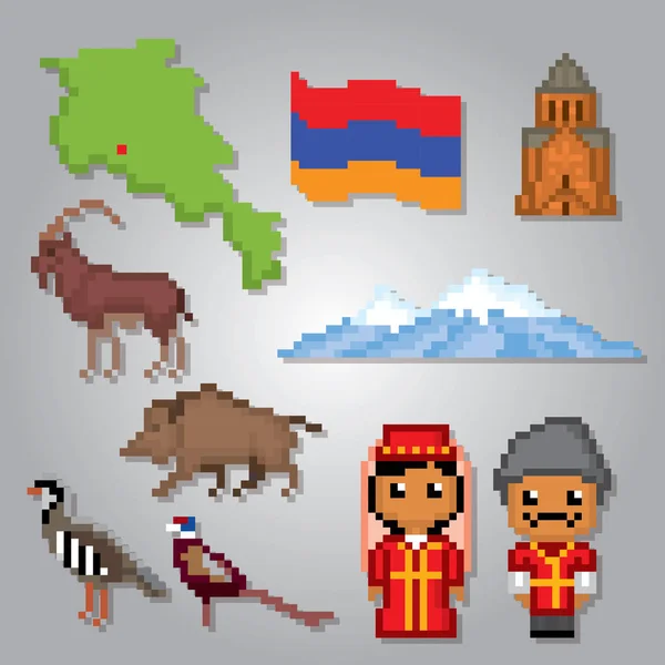 亚美尼亚国家图标设置。像素艺术。老学校计算机图形样式。游戏元素. — 图库矢量图片