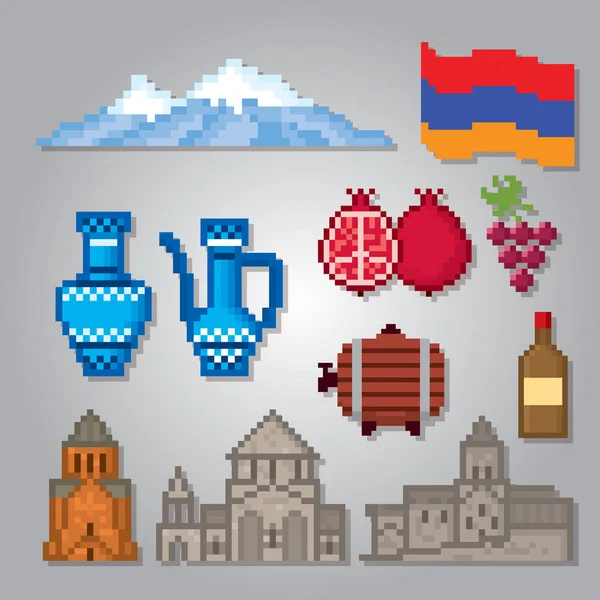 Вірменія країни набір іконок. Пиксельная графіка. Стара школа комп'ютер стиль графіки. Елементи Ігри. — стоковий вектор