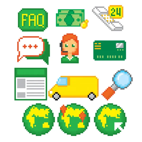 Conjunto de iconos de comercio electrónico de compras en línea. Pixel art. Estilo gráfico de computadora de la vieja escuela. Juegos de elementos . — Vector de stock