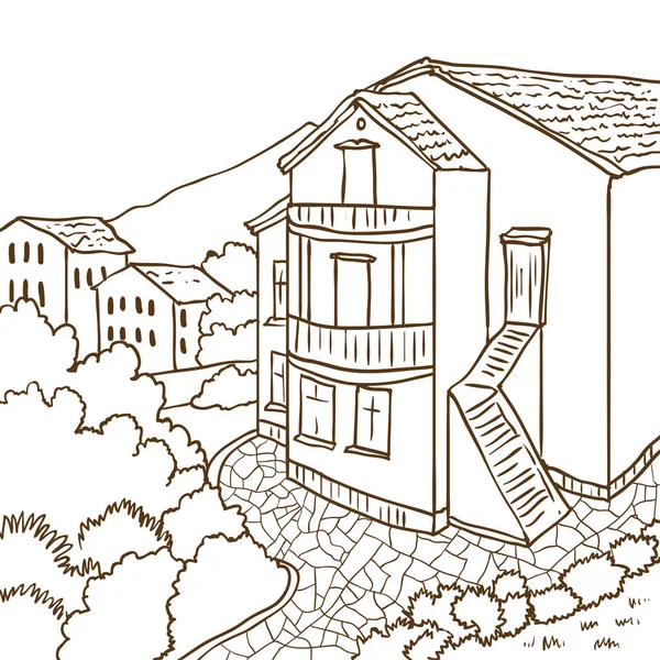 Maison de trois étages dans une région montagneuse. Mini hôtel dans les Balkans. Monténégro. Mon pote. Paysage estival. Dessiné à la main . — Image vectorielle