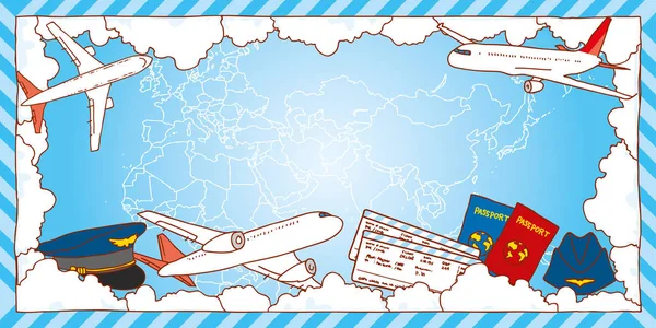 Légi utazási koncepció keret. Világtérképet, repülőgép, beszállókártyáját, útlevél, az égen a felhők. Kézzel rajzolt vektoros illusztráció. — Stock Vector