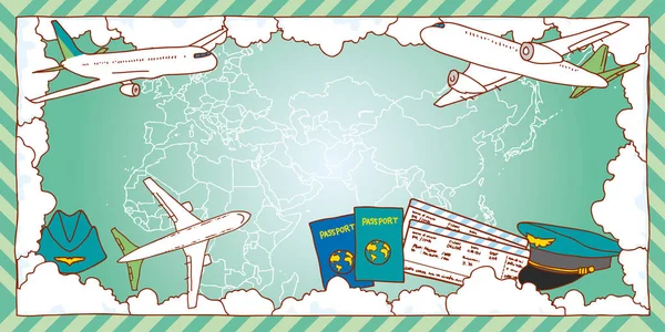 Légi utazási koncepció keret. Világtérképet, repülőgép, beszállókártyáját, útlevél, az égen a felhők. Kézzel rajzolt vektoros illusztráció. — Stock Vector