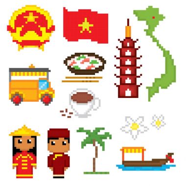 Vietnam Icons set. Piksel sanat. Eski okul bilgisayar grafik stili. Oyun elemanları.