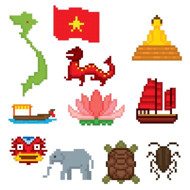 Vietnam Icons set. Piksel sanat. Eski okul bilgisayar grafik stili. Oyun elemanları.