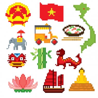 Vietnam Icons set. Piksel sanat. Eski okul bilgisayar grafik stili. Oyun elemanları.