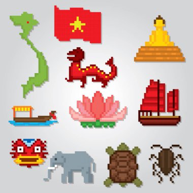 Vietnam Icons set. Piksel sanat. Eski okul bilgisayar grafik stili. Oyun elemanları.