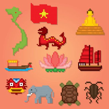 Vietnam Icons set. Piksel sanat. Eski okul bilgisayar grafik stili. Oyun elemanları.