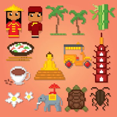 Vietnam Icons set. Piksel sanat. Eski okul bilgisayar grafik stili. Oyun elemanları.