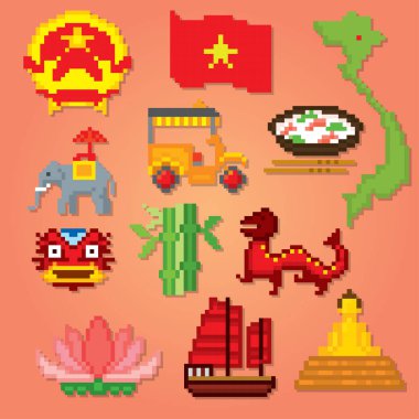 Vietnam Icons set. Piksel sanat. Eski okul bilgisayar grafik stili. Oyun elemanları.