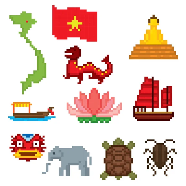 Vietnam-ikonene klare. Pikselkunst. Gammeldags grafisk stil. Spill elementer . – stockvektor