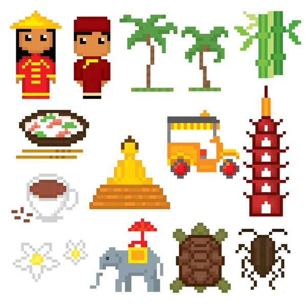 Conjunto de iconos de Vietnam. Pixel art. Estilo gráfico de computadora de la vieja escuela. Juegos de elementos . — Vector de stock