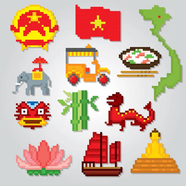 Vietnam Icons set. Piksel sanat. Eski okul bilgisayar grafik stili. Oyun elemanları. — Stok Vektör