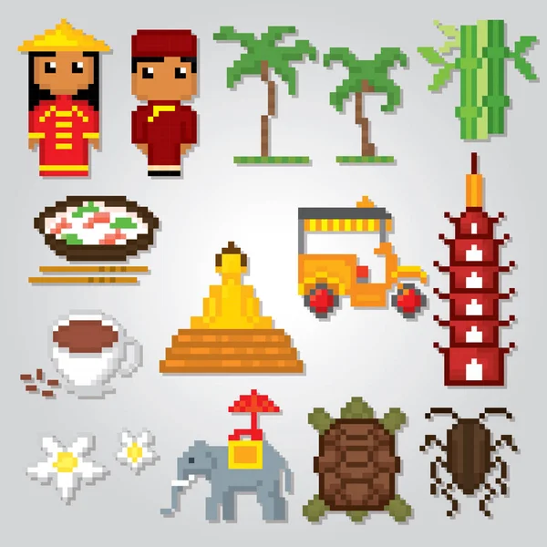 Vietnam Icons set. Piksel sanat. Eski okul bilgisayar grafik stili. Oyun elemanları.