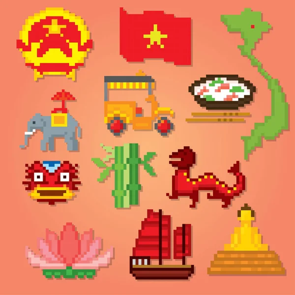 Vietnam Icons set. Piksel sanat. Eski okul bilgisayar grafik stili. Oyun elemanları. — Stok Vektör