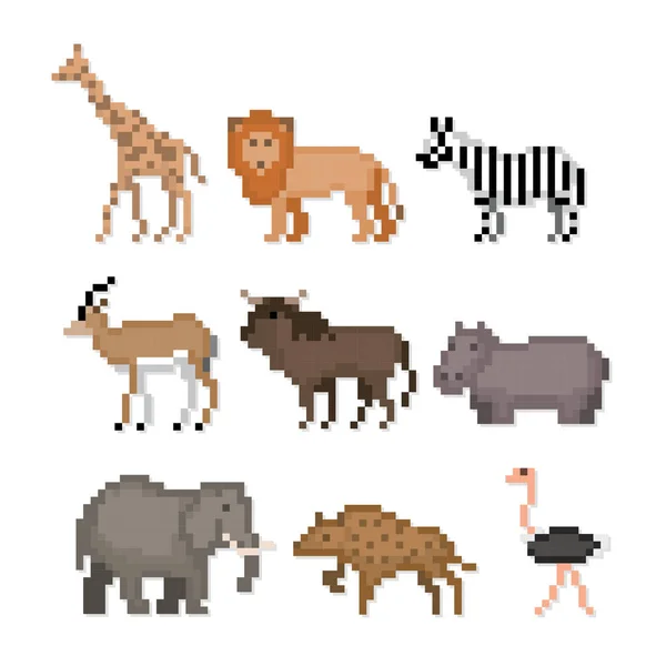 Des animaux africains. Jeu d'icônes Pixel Art. Vieux style informatique graphique de l'école . — Image vectorielle