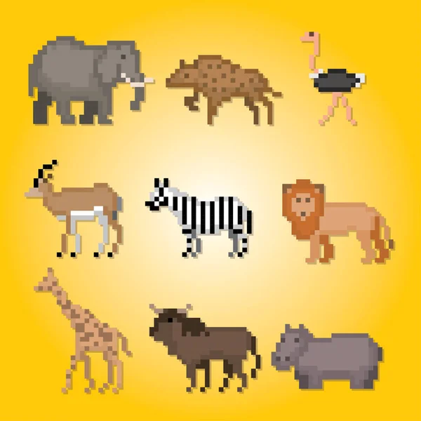 Afrikanska djur. Pixel konst Ikonuppsättning. Old school dator grafisk stil. — Stock vektor