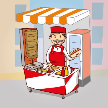 Sokak gıda kebap satıcı. Fast food Şef. El çizilen çizgi film.