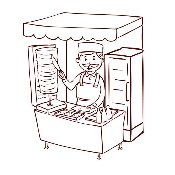 Comida callejera vendedor de kebab. Jefe de comida rápida. Caricatura dibujada a mano . — Vector de stock