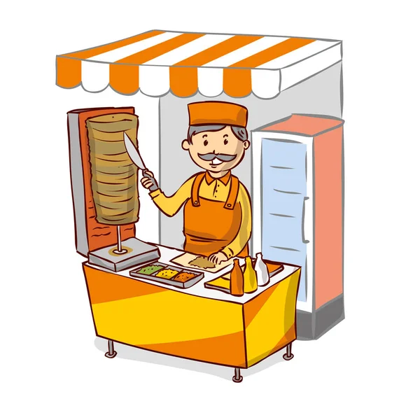 Venditore ambulante di kebab. Capo dei fast food. Cartone animato disegnato a mano . — Vettoriale Stock