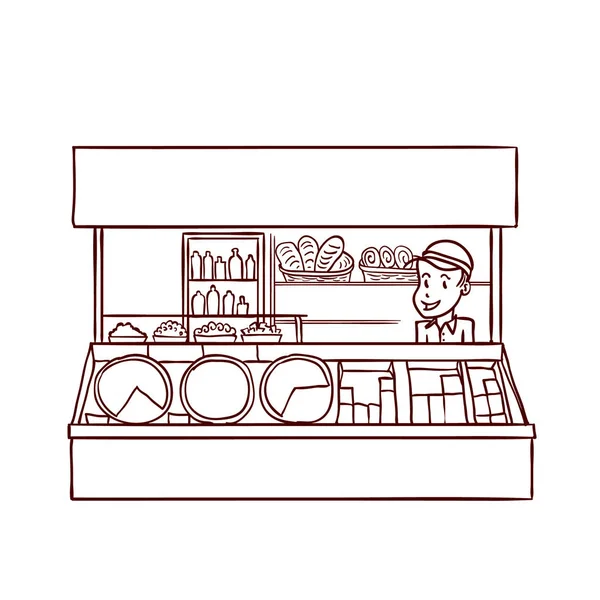 Magasin d'alimentation de rue avec vendeur. Illustration vectorielle dessinée main . — Image vectorielle