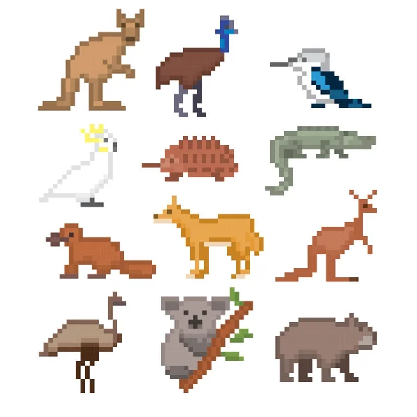Conjunto de iconos animales australianos. Pixel art. Estilo gráfico de computadora de la vieja escuela. Juegos de elementos . — Vector de stock