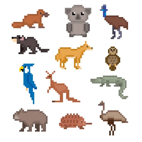 Animaux australiens icônes ensemble. Pixel art. Style graphique de la vieille école. Éléments de jeux . — Image vectorielle