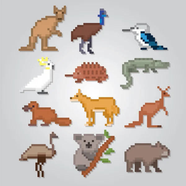 Conjunto de iconos animales australianos. Pixel art. Estilo gráfico de computadora de la vieja escuela. Juegos de elementos . — Archivo Imágenes Vectoriales