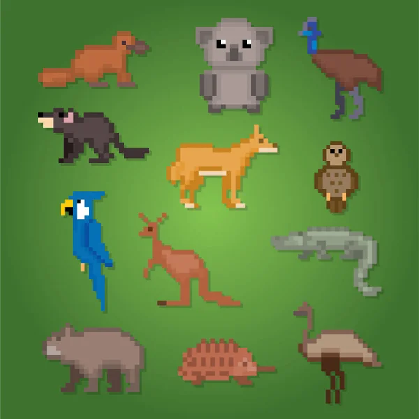 Australische dieren pictogrammen instellen. Pixelart. Old school computer grafische stijl. Wedstrijden elementen. — Stockvector