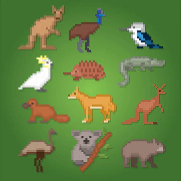 Australian animals icons set. Pixel art. Old school computer graphic style. Games elements. Stock Vector