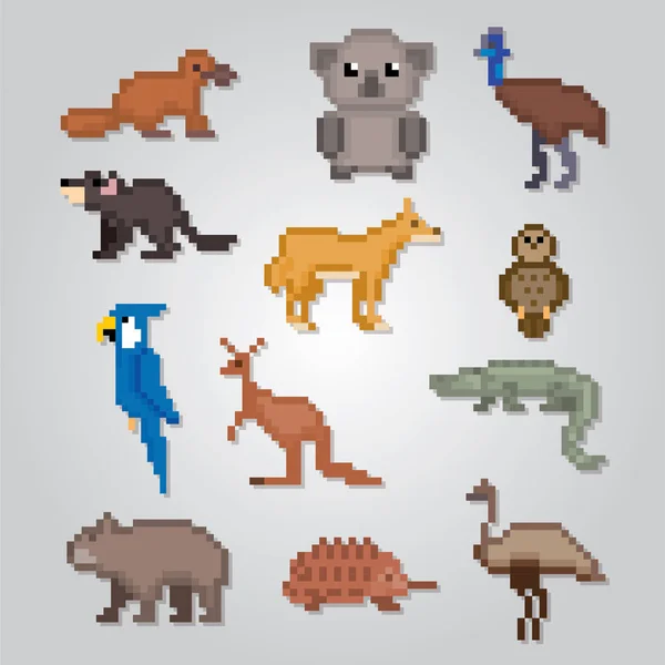 Australian animals icons set. Pixel art. Old school computer graphic style. Games elements. Royalty Free Stock Vectors