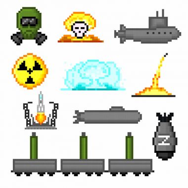 Nükleer silah Icons set. Piksel sanat. Eski okul bilgisayar grafik stili. Oyun elemanları.