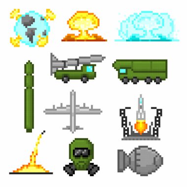 Nükleer silah Icons set. Piksel sanat. Eski okul bilgisayar grafik stili. Oyun elemanları.
