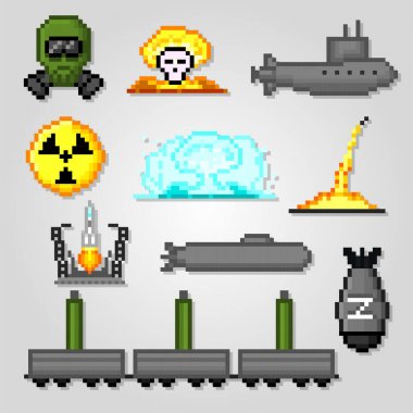 Nükleer silah Icons set. Piksel sanat. Eski okul bilgisayar grafik stili. Oyun elemanları.