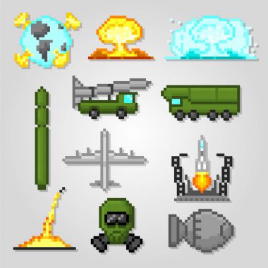 Nükleer silah Icons set. Piksel sanat. Eski okul bilgisayar grafik stili. Oyun elemanları.