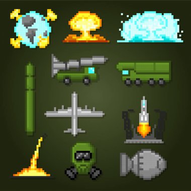 Nükleer silah Icons set. Piksel sanat. Eski okul bilgisayar grafik stili. Oyun elemanları.