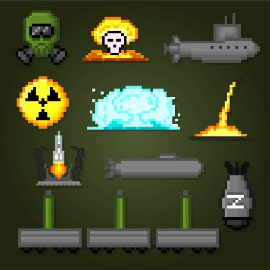 Nükleer silah Icons set. Piksel sanat. Eski okul bilgisayar grafik stili. Oyun elemanları.