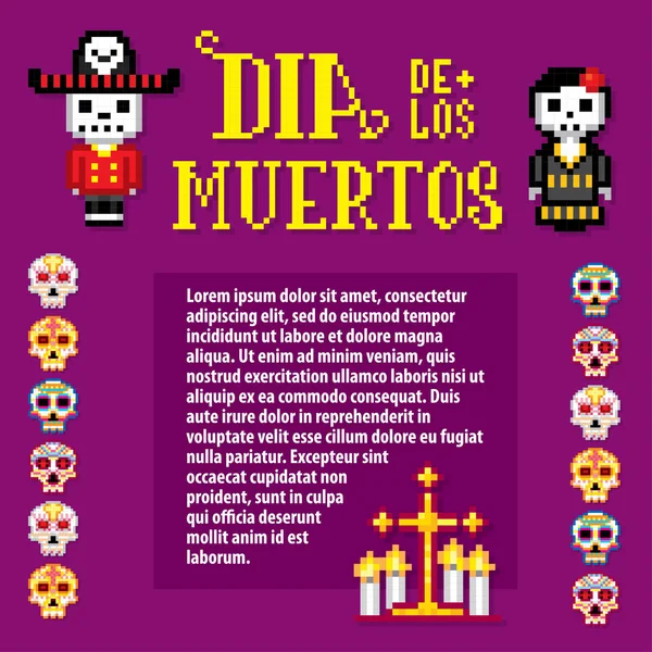 Dia de muertos. A halottak napja. Pixelart. Régi iskola számítógép grafikus stílus. — Stock Vector