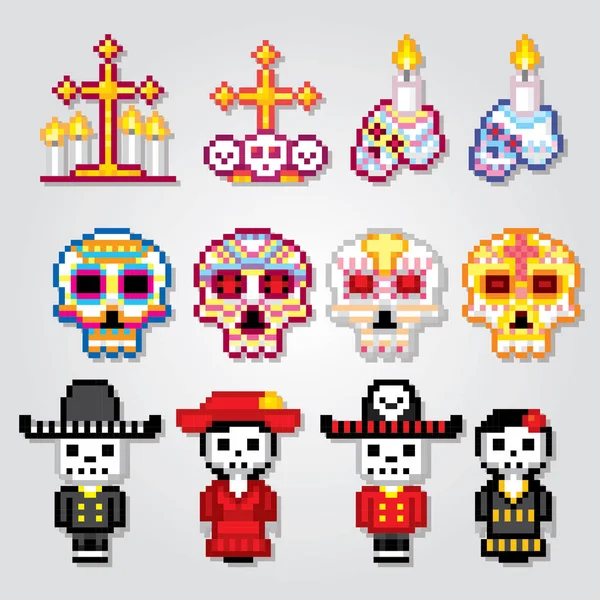 Dia de los muertos. Napján a halott ikonok beállítása. Pixel art. Régi iskola számítógép grafikus stílus. Játékok-elemek. — Stock Vector