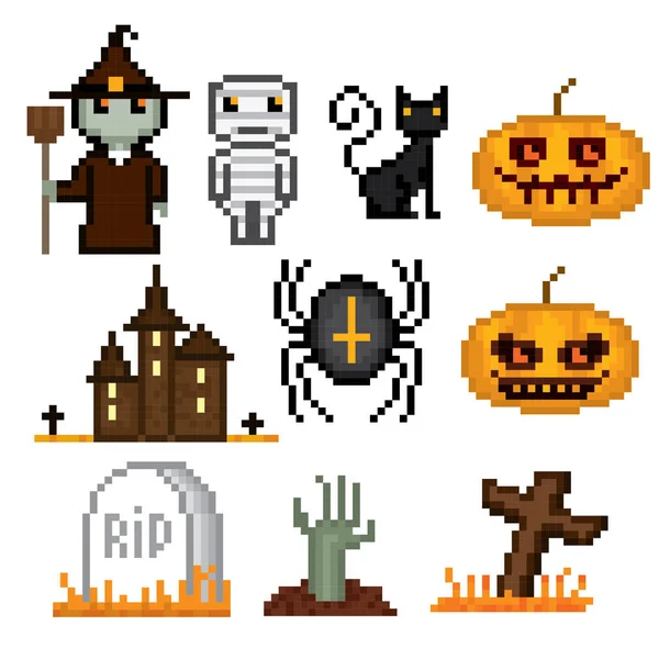 Halloween ikonok beállítása. Pixel art. Régi iskola számítógép grafikus stílus. Játékok-elemek. — Stock Vector