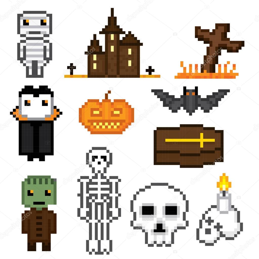 Halloween icons set. Pixel art. Old school computer graphic style. Games elements.