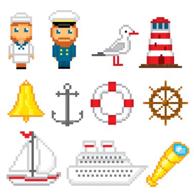 Deniz Icons set. Piksel sanat. Eski okul bilgisayar grafik stili. Oyun elemanları.
