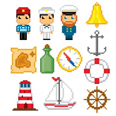 Deniz Icons set. Piksel sanat. Eski okul bilgisayar grafik stili. Oyun elemanları.