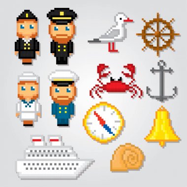 Deniz Icons set. Piksel sanat. Eski okul bilgisayar grafik stili. Oyun elemanları.