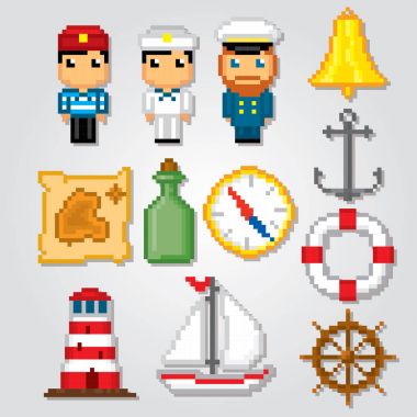 Deniz Icons set. Piksel sanat. Eski okul bilgisayar grafik stili. Oyun elemanları.